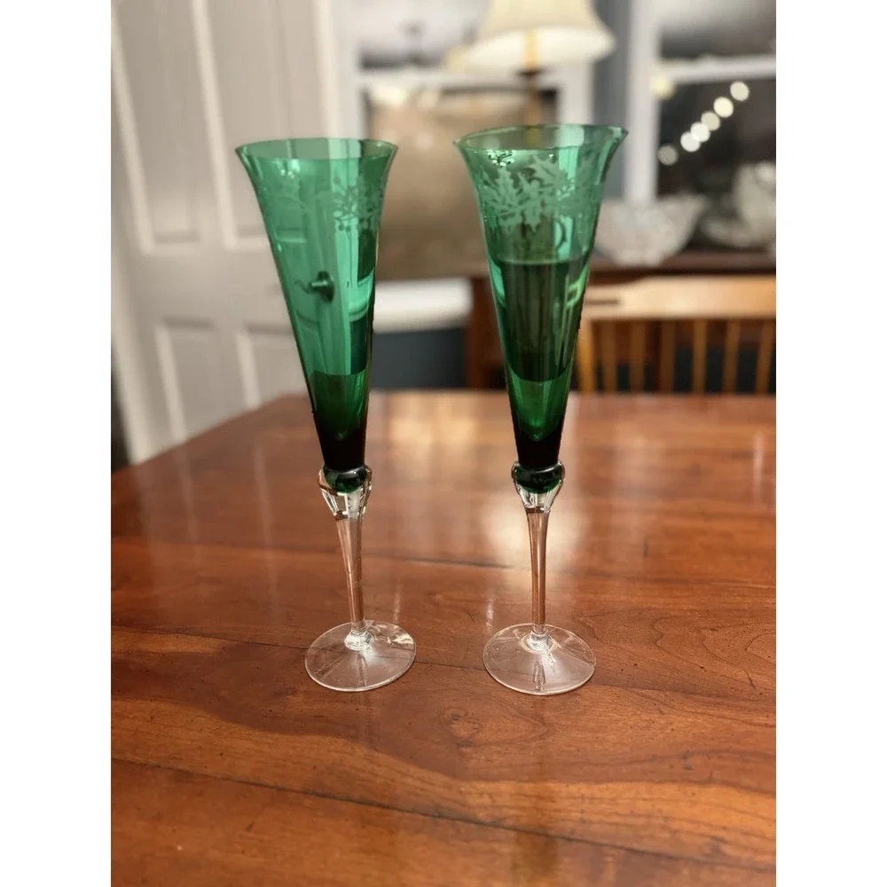 Pair of Vintage Lenox‎ Holiday Gems Emerald Green Champagne Flutes - Set of 2